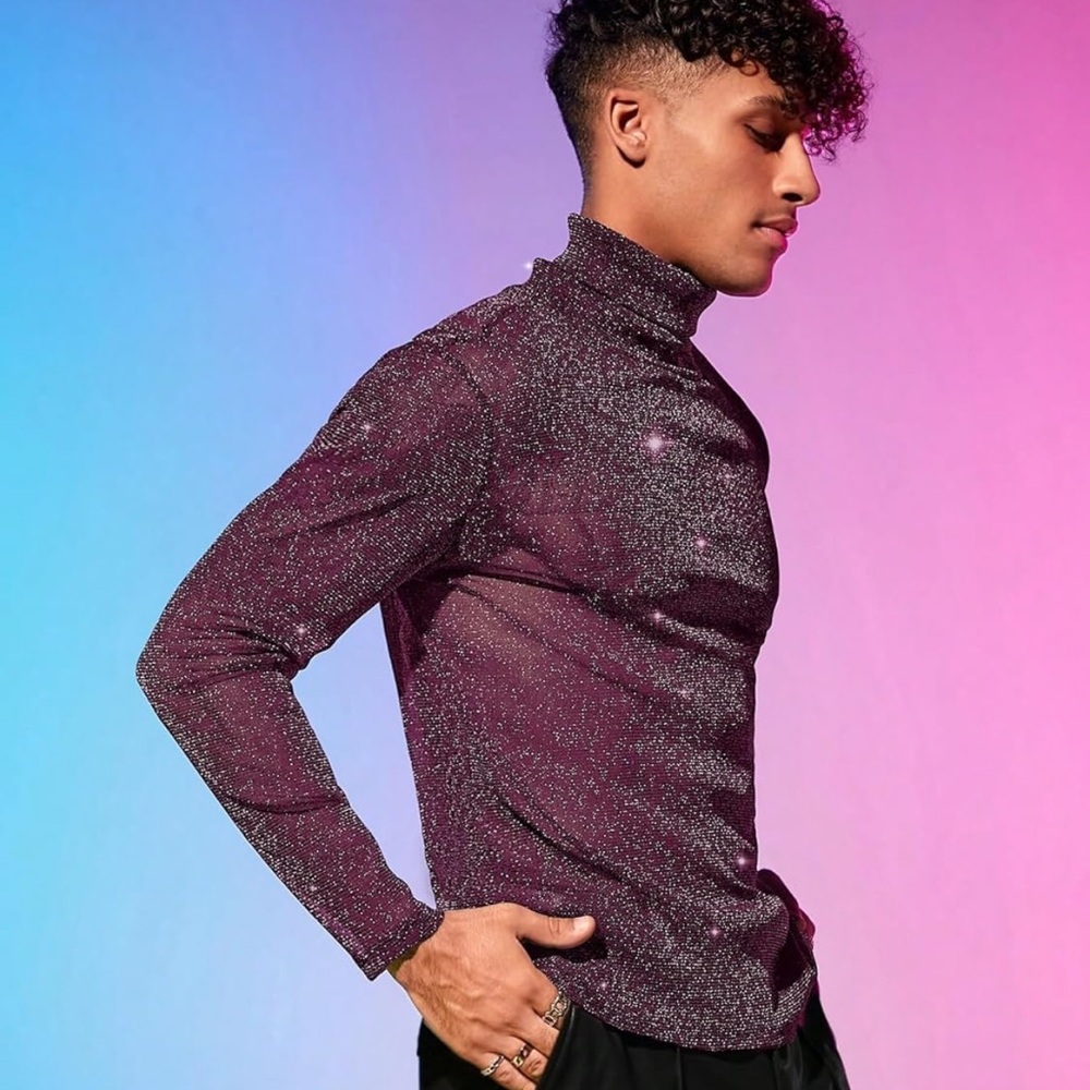 WDIRARA unisex size large mesh metallic burgundy long sleeve turtleneck shirt